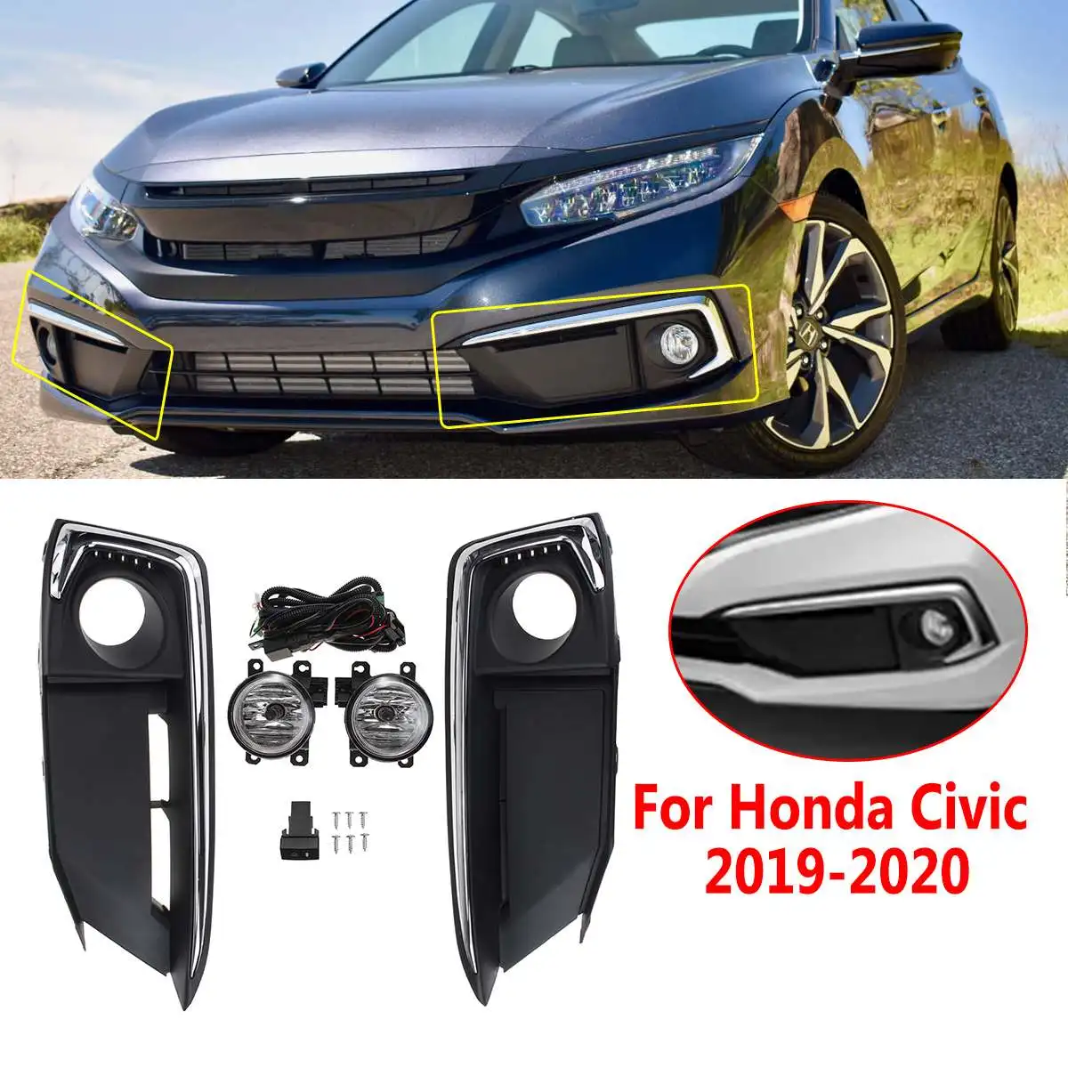 

1 Pair LED Front Bumper Fog Light Lamp Spot Lights Set with Wiring Relay Switch For Honda For Civic 2019 2020