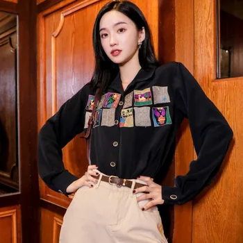 

Korea Embroidery Blouse Black Long Sleeve Shirt Ladies Top Korean Embroidered Shirt With Collars Fall 2020 Fashion Clothes Z063