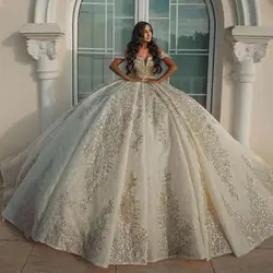 Dubai Big Ball Gown Wedding Dresses Cap Sleeves Arabic Style Ruffles With Sequins Appliques Long Bridal Gown Vestidos De Noiva