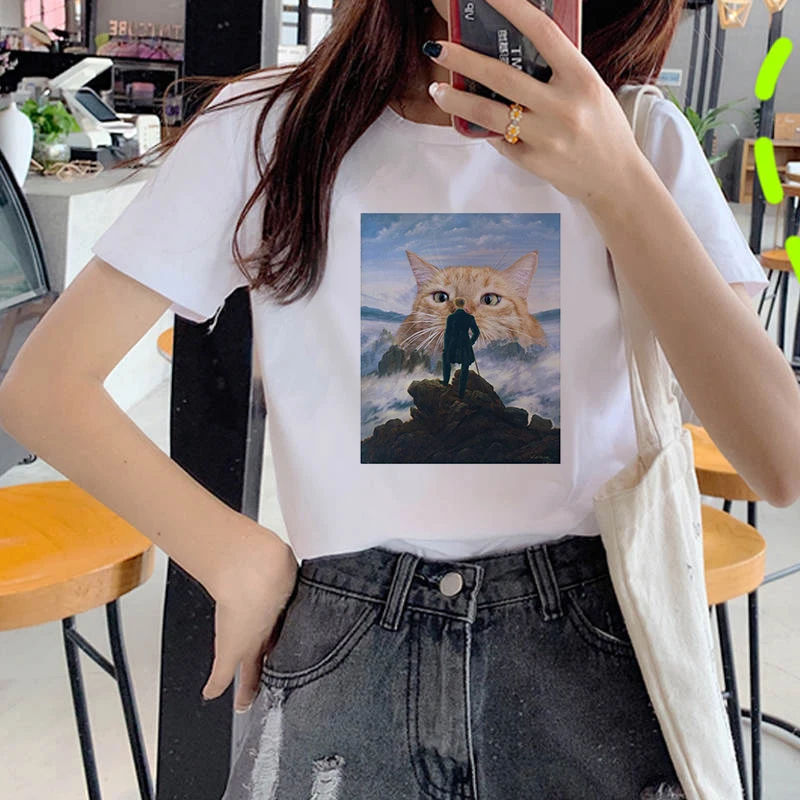 

Women Vintage Style Fashion Oil paintings of cats Print Funny Summer T shirt Women Vogue Princess Short T Shirt