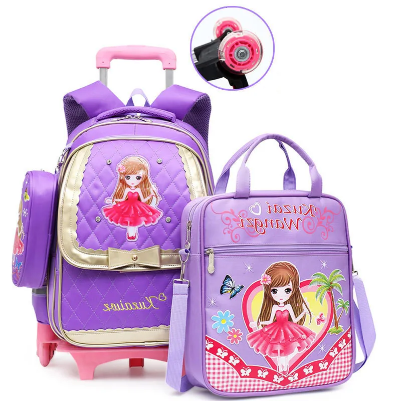 2 wheels purple Для принцессы рюкзак Водонепроницаемый детские школьные сумки 3 шт./компл., для детей от 1 года до 5 лет для девочек из элитных семей для тележка рюкзак для детей, со съемным сумка на колесиках - Цвет: 2 wheels purple