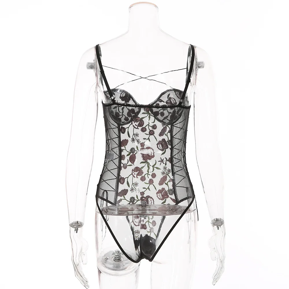 nude bodysuit Woman Sexy Sleepwear Bodysuit Transparent Black Fashion Sleeveless Girl Cloth Crazy Body Building Embroidery Lace pink bodysuit
