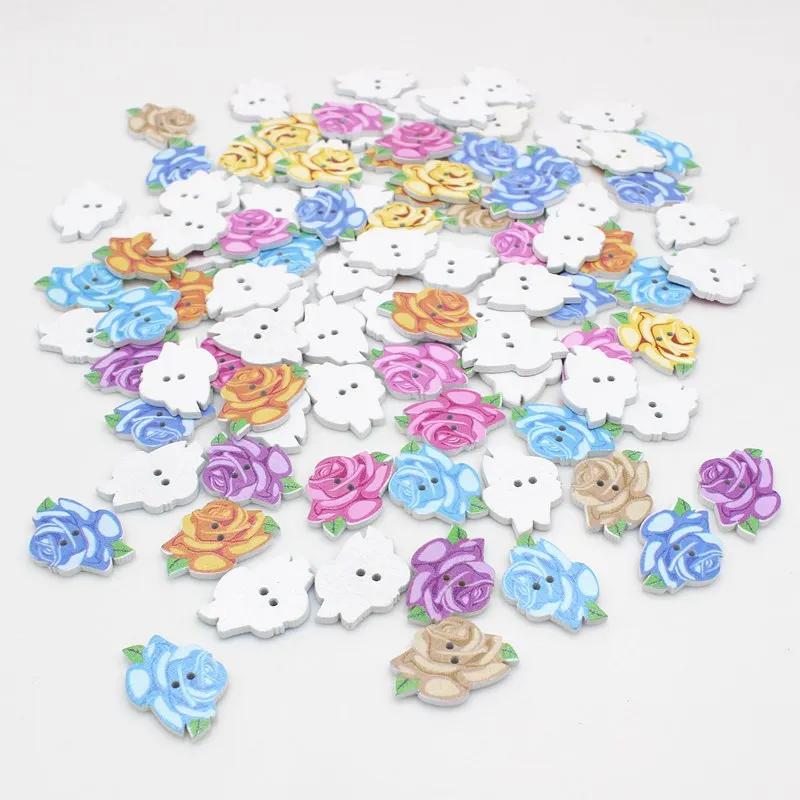 New Bulk 50PCs Wooden Buttons Rose Printed Mixed Sewing Crafts Supplies and Scarpbooking accessories