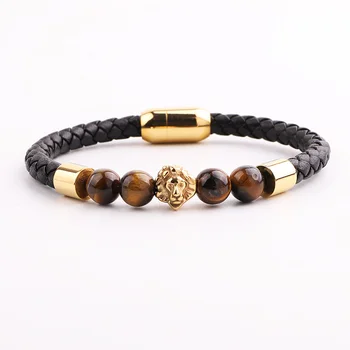 High Quality Men Jewelry New Design Natural Stone Stainless Steel Lion Charm Genuine Leather Bracelet Male