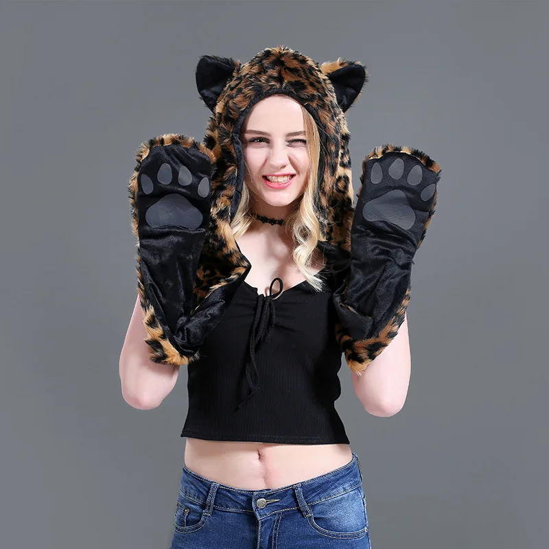 European and American fashion hat scarf gloves one animal hat faux fur hat plush cartoon Leopard print