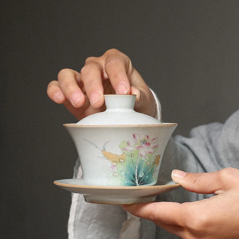 PINNY 140ML Antique Your Kiln Ceramic Kung Fu Gaiwan Traditional Chinese Pigmented Tea Bowl Floral Patterns Tea Tureen