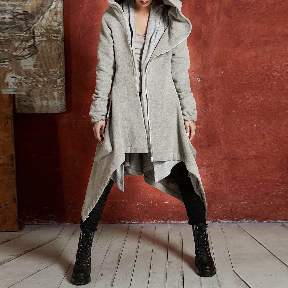 Jaycosin Fashion Women Winter Warm Zipper Asymmetric Solid Hoodie Coat Stylish Long Sleeve Comfortable Soft Coat Overcoat 23#4