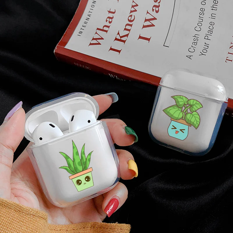 Мультяшные милые наушники чехол для Apple airpods чехол Роскошный зеленый растение в горшке Air Pods чехол для Airpods 2 прозрачный жесткий чехол