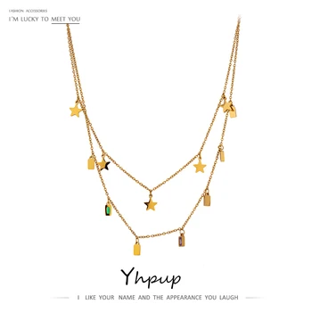 

Yhpup kpop Stainless Steel Choker Stacked Necklace Delicate Cubic Zirconia Jewelry Fashion Star Square Heart Pendant Necklace