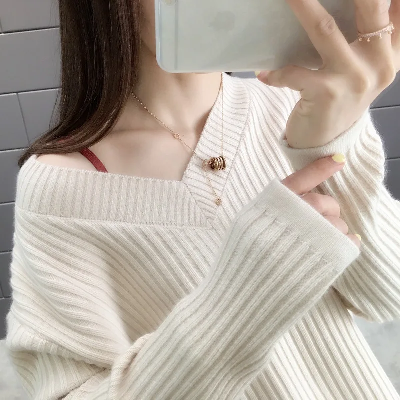 

2019 New Autumn Winter Women's V-neck Pullover Sweater Lazy Loose Solid Color Casual Thickening Sweater Pullover Pull Femme