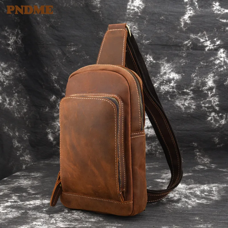 

PNDME simple retro genuine leather men's chest bag luxury crazy horse cowhide messenger bags outdoor ipad phone shoulder bag