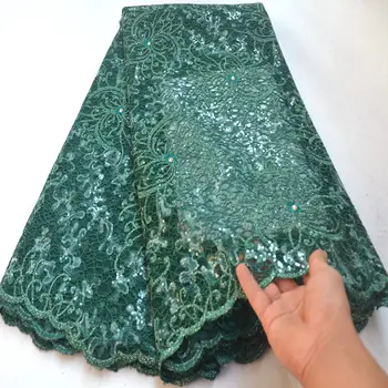 

Latest Green cord embroidery french lace shiny African tulle lace fabric Nigerian sewing evening gown with sequins Wo452
