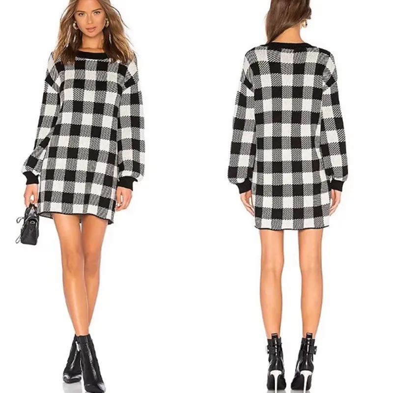 

2018 Autumn And Winter New Orientation Plaid Knitted Sweater Women's Crew Neck Loose-Fit Laziness-Style Base Sweater Outdoor Dre