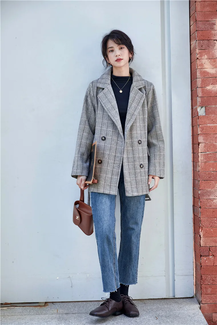 New Autumn Winter Women Woolen Jackets With Belt Pockets Plaid Office Lady England Style Female Ladies