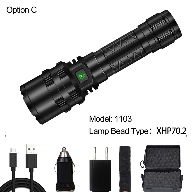 Option C XHP70.2 Мощный светодиодный вспышка светильник фонарь светильник тактический фонарь 5 Режим Применение Перезаряжаемые 18650 26650 Батарея Водонепроницаемый Охота XHP50.2 лампа - Испускаемый цвет: Option C