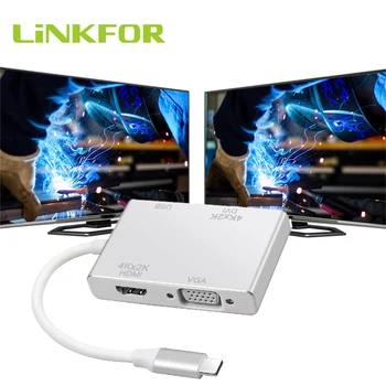 

LiNKFOR Type C To HDMI VGA DVI USB 3.0 Multi Monitors Hub Adapter 4K Male To Female Multi-Display Video Converter For MacBook