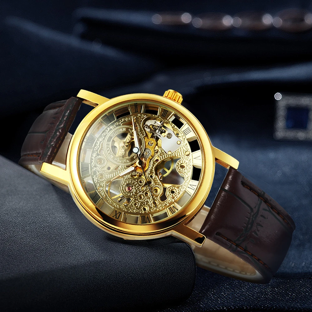 Gold Watch Men Fashion Skeleton Mens Watches Luxury Business Clock Leather Strap Wristwatch