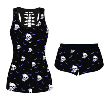 

New Arrival Women's Halloween Printing Sleeveless Shirts Shorts Set Vest Tank Tops shirt Candy Color Basic Crop Bustier Top R806