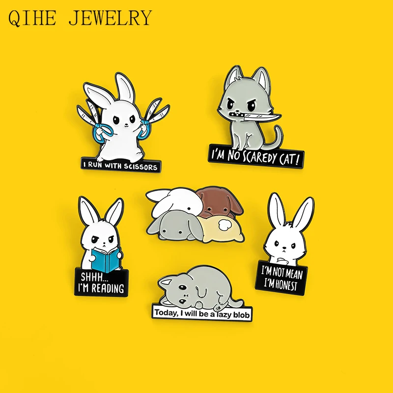 

I RUN WITH SCISSORS Enamel Pin Customized Cartoon Cute Gray Rabbit Brooch Clothes Lapel Pin Badge Animal Jewelry Gift For Friend