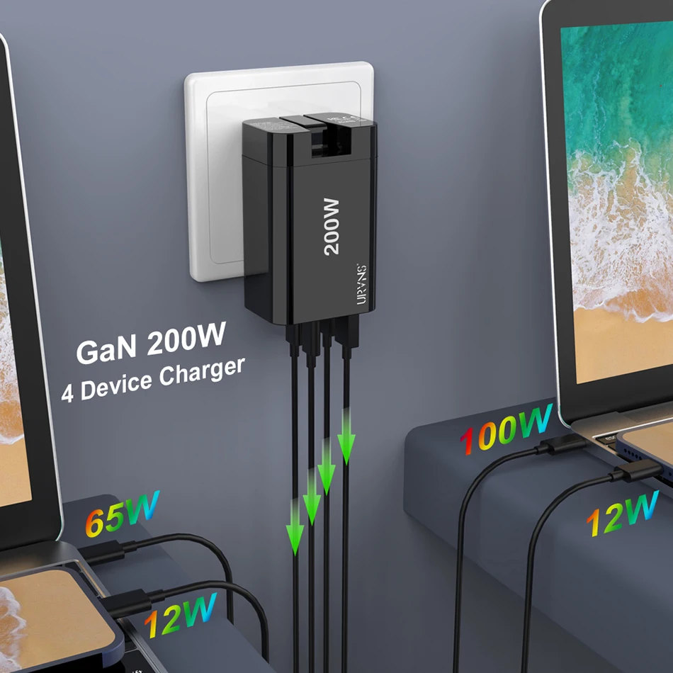 URVNS 200W USB C GaN Wall Charger PD100W PPS45W QC4+ Super Fast Charging Station for iPhone MacBook Samsung Xiaomi Type-C Laptop wallcharger