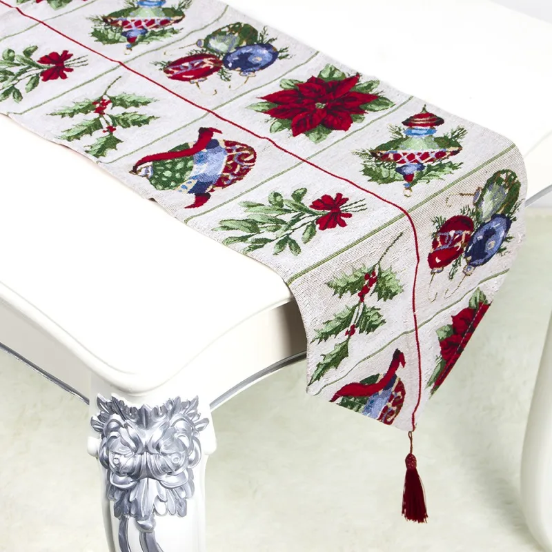 

Christmas Table Runner Printed With Tassels Pendant Festive Holiday Table Runner Dinning Table Desktop Decorations 1PC