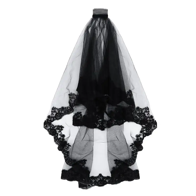 Double Layer Thick Wedding Veil Black Lace Bride Veil Long Wedding Veil