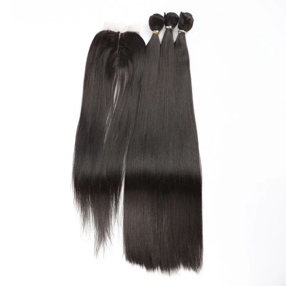 Synthetic Hair Bundles with Closure All in 1 Straight Synthetic Sew in Weave Hair Bundles Women Weavon 3 with Closures