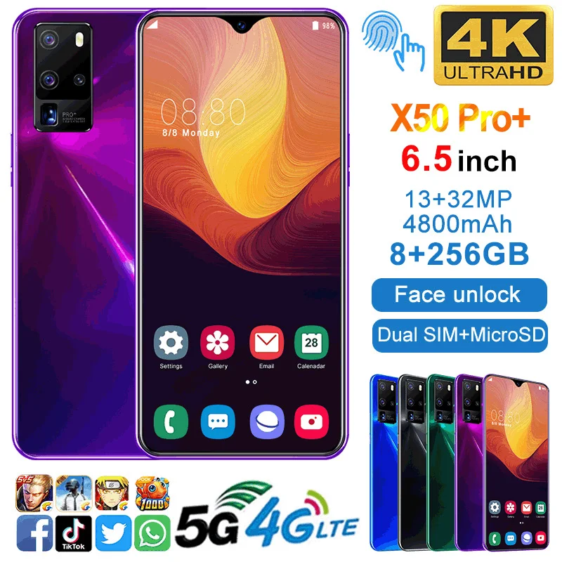 Новый смартфон X50 Pro + большой экран 6 3 дюйма 12 Гб 512 ГБ с Wi-Fi Bt 5g 4g Android | Мобильные