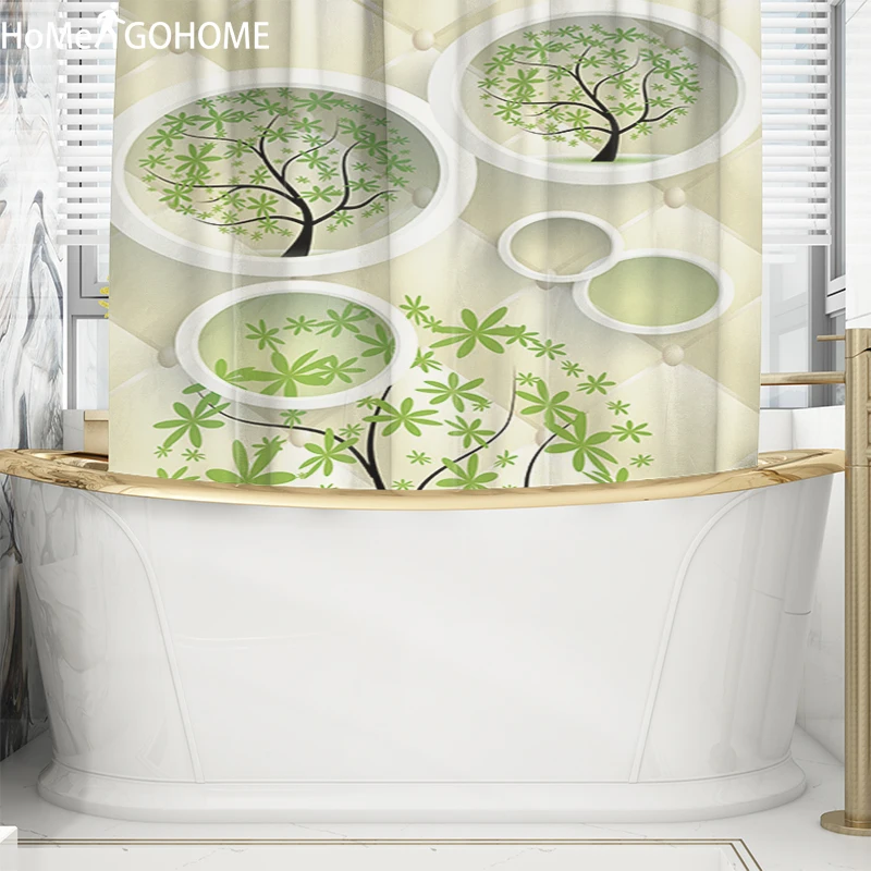 Geometric Circle Life Tree Art Decoration Shower Curtain Green Waterproof Fabric Bath Curtain Bathroom Shower Curtains 180x200cm