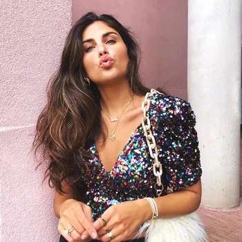 

Foridol Colorful Sequin Blouse Shirt Casual Sexy Club Crop Top V Neck Short Tops Blouse Shirts 2020 Summer