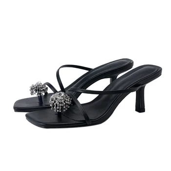 

Prova Perfetto Fashion Brand Women Slipper Square Toe Outdoor Summer Sandals Slippers Ladies Elegant High Heel Dress Slides Shoe