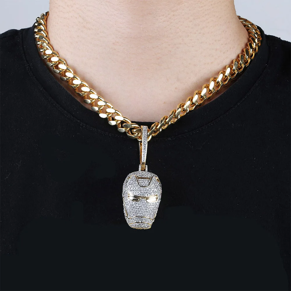 

Movie Cartoon Iron Man Pendant Cubic Zircon Hip Hop Necklace Iced Out Cuban Chain Punk Jewelry
