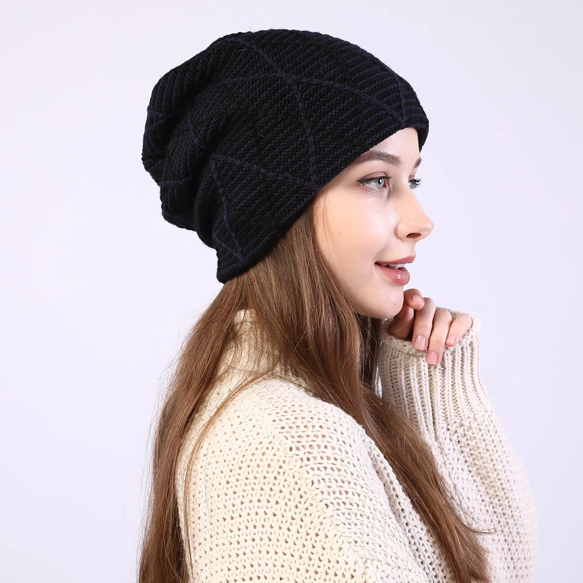 OMEA Diamond Plaid Knitted Beanie Hat for Women Beanies for Ladies Winter Skullies Hat Adjustable Pullover Plus Velvet Beanies