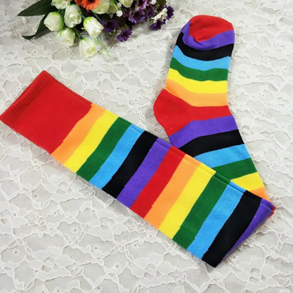 Женские радужные длинные носки, зимние теплые полосатые длинные носки для высоких ботинок, выше колена, высокие носки, корейские японские носки Лолиты kawaii