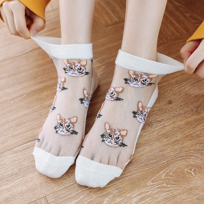 

Sexy Cat Transparent Ankle Socks Embroidered Cat Silk Socks Silk Women Socks Korean-style Anklet Glass Yarn