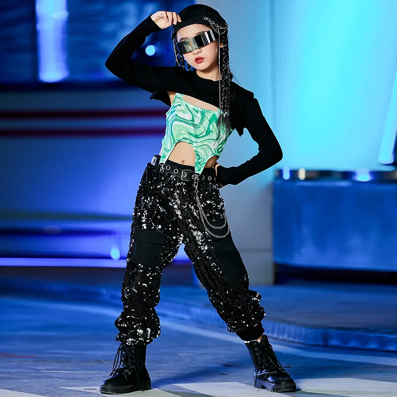 

Костюм для джазовых танцев Kpop, Одежда для танцев в стиле хип-хоп для девочек, Детский костюм для уличного танца, брюки-карго с блестками, праздничная одежда Rave DL8572
