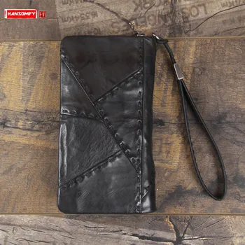 

Retro Old Leather Pure Men's Long Zipper Wallet Handmade Car Stitching Leather Wallets Men Card Holder Rough Wallet Tide Black