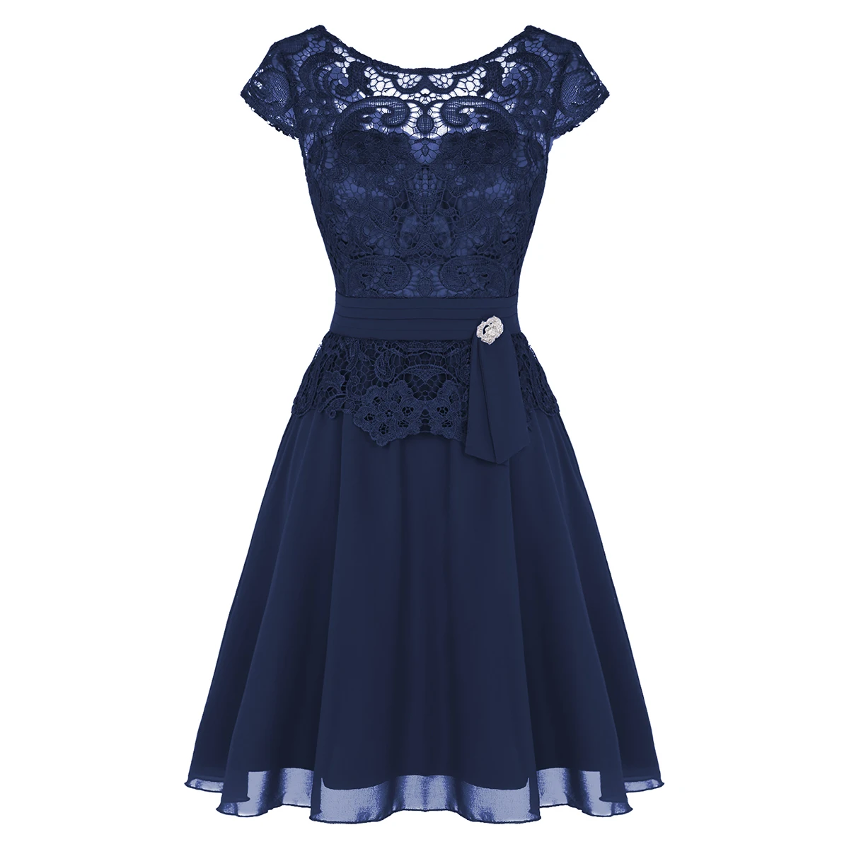 Navy Blue Iiniim/Для женщин Femme платье принцессы Рубашка с короткими рукавами цветочное кружево накладка элегантное Шифоновое Платье Vestidos коктейльное ночные вечерние платья - Цвет: Navy Blue