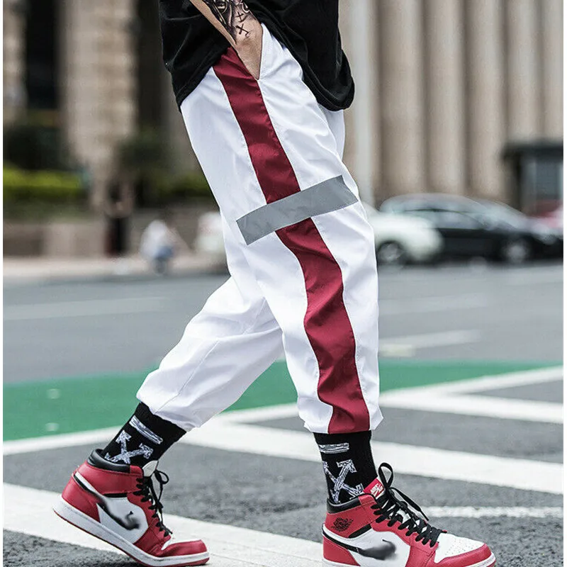 Hirigin Side Stripe Track Hip Pop Men s Long Patchwork Reflective Track Pants Joggers Elastic Waist 1