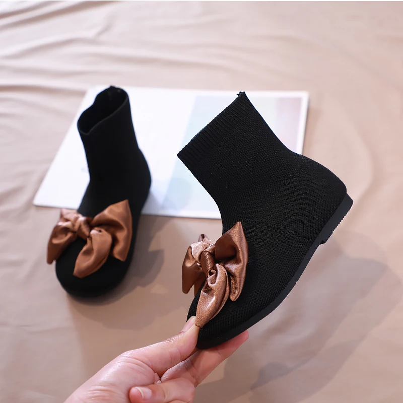 Вязаные тканевые ботинки для маленьких девочек; детские носки; детские ботинки в стиле принцессы; бархатная обувь с милым бантом; SX234