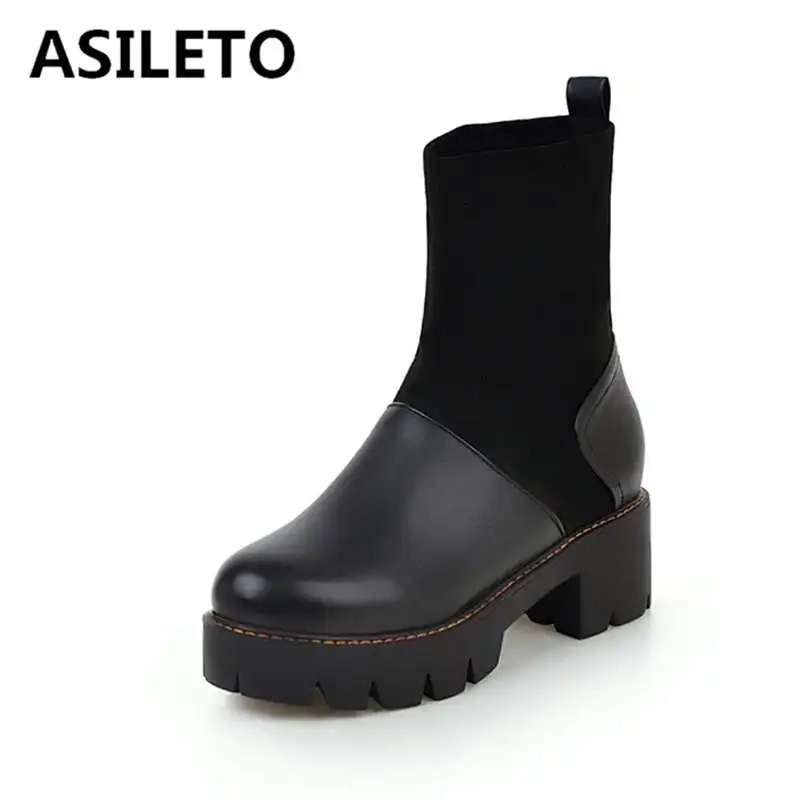 

ASILETO black high platform ankle boots for women square heels slip on pu+flock sock bottes round toe riding booties size 34-43