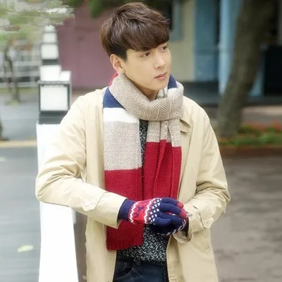 Winter Knit Patchwork Men's Scarf Shawl Fashion Student Couple Wraps Scarves Long Thick Knit Male Tippet Wool Warm Scarf Man - Цвет: Navy Red