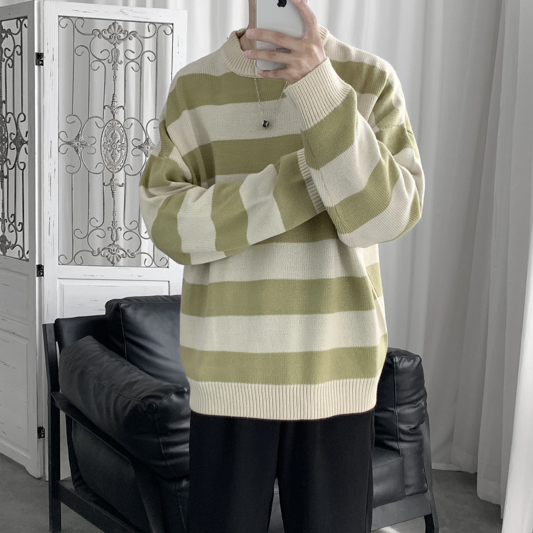 Новинка, мужской свитер в широкую полоску, корейский стиль, уличный сверхразмерный мужской свитер, 6 цветов