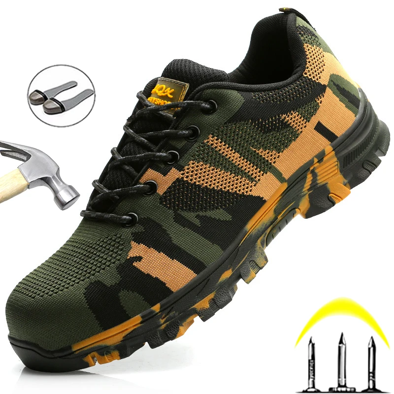 Buen valor Zapatos de punta de acero de camuflaje para hombre, zapatillas de trabajo a prueba de perforaciones, zapatos de seguridad para construcción Industrial, botas militares NRwoeQNnGyG