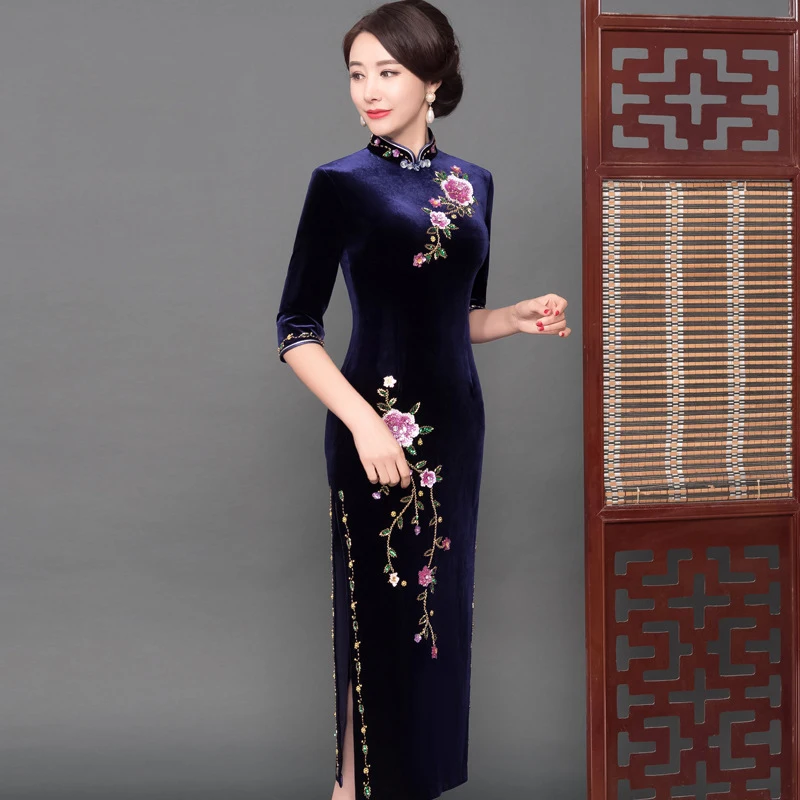 Вышитое цветочное кружево Qipao для женщин с воротником «Мандарин», полурукав вечернее вечерние платье с большим разрезом велюр Открытое платье Cheongsam