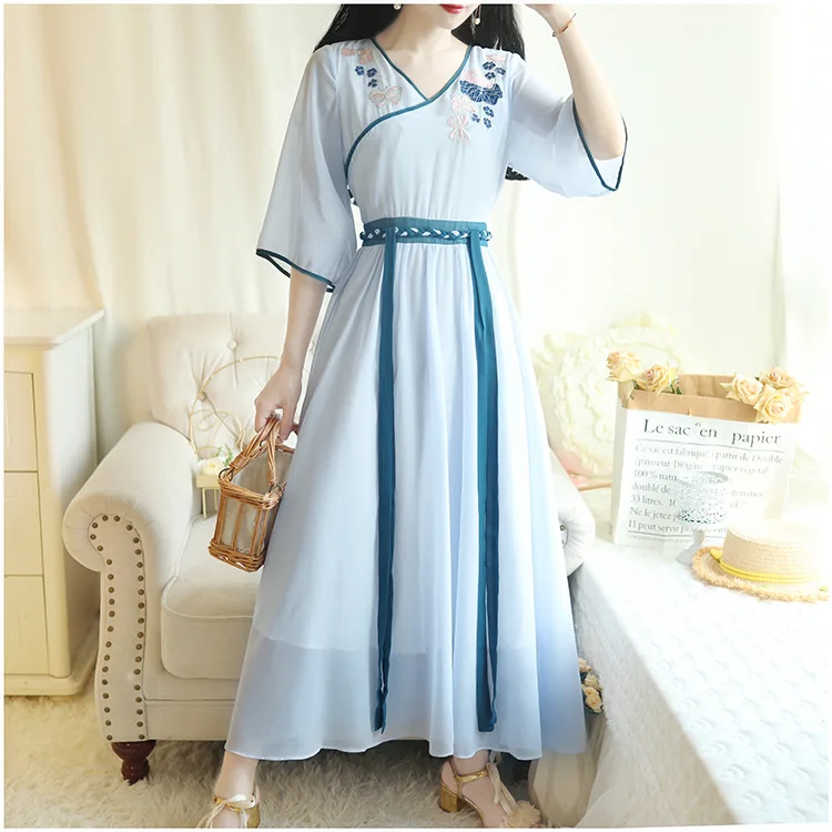 Древние костюмы, элегантные и элегантные, Hanfu,, летние, новые китайские элементы, Женская Вышивка, шифоновое платье