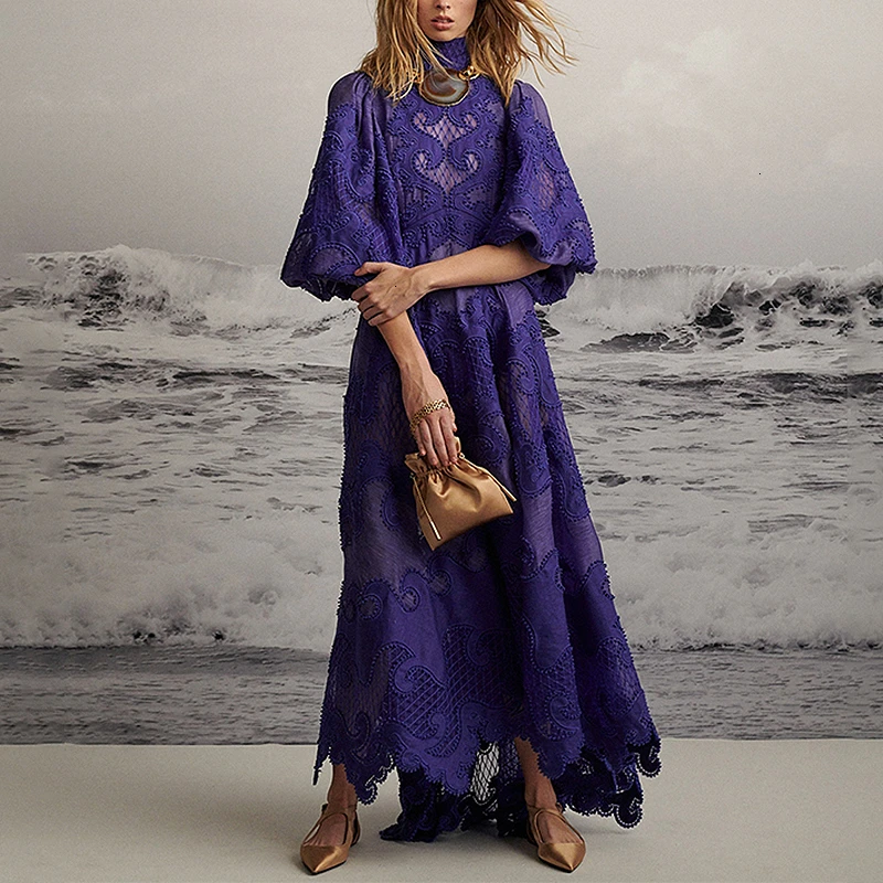 GALCAUR Vintage Hollow Out Women's Dresses Turtleneck Lantern Long Sleeve High Waist Asymmetrical Dress For Female Fashion