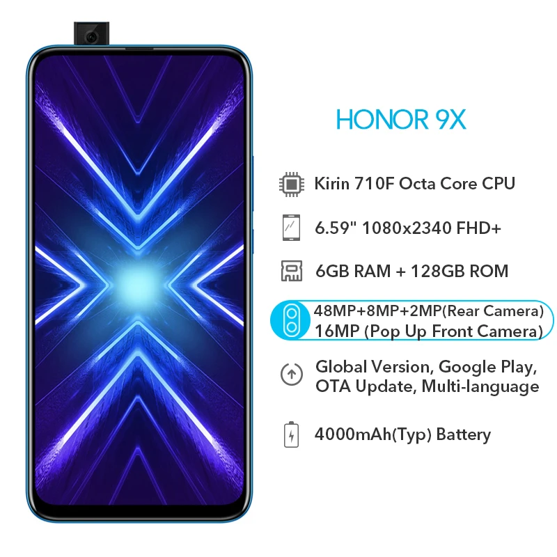 Глобальная версия смартфона Honor 9X 9X6 ГБ 128 Kirin 710F Восьмиядерный 48 МП с тройной
