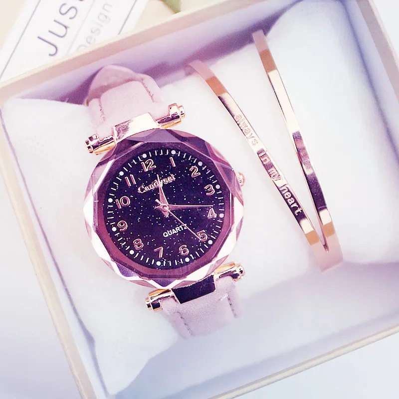 Звездное небо часы модные женские часы повседневные женские часы кожаный ремешок кварцевые наручные часы Часы Relogio Feminino reloj mujer - Цвет: 15076Pink Color