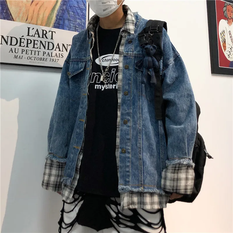 

2019 Men's False Two Piece Coats Lattice Printing Cowboy Clothes Denim Jacket Leisure Loose Coats Blue Color Outerwear M-XL